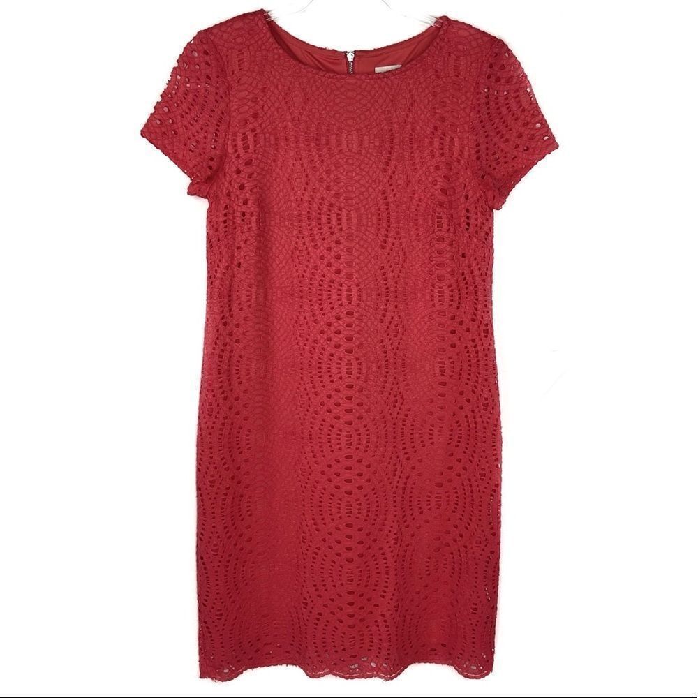 4/$16 Chico’s Bright Red Orange Crochet Layered Short Sleeve Sheath Dress XS
